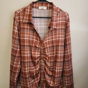Plaid Long Sleeve Top - Brown
